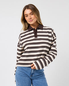 Harri Stripe Long Sleeve Rugby Top Brown