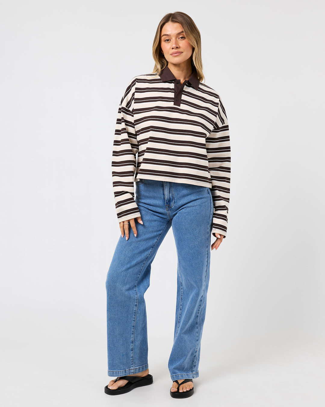 Harri Stripe Long Sleeve Rugby Top Brown