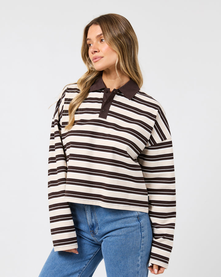 Harri Stripe Long Sleeve Rugby Top Brown