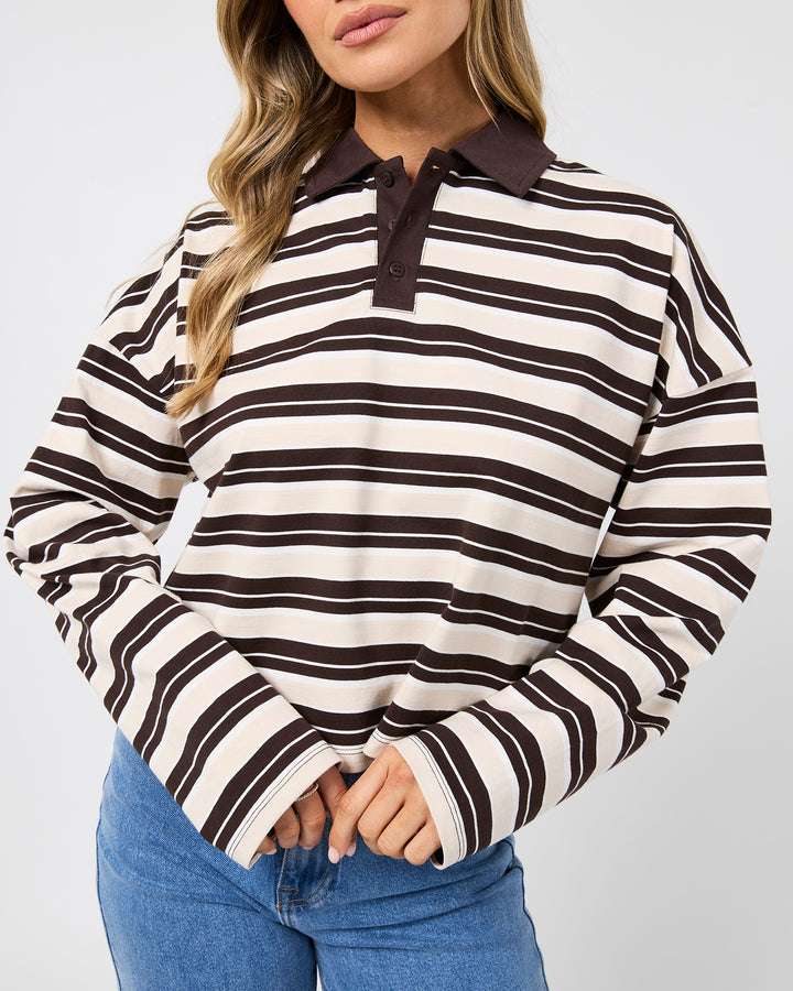Harri Stripe Long Sleeve Rugby Top Brown