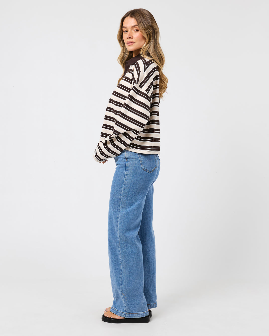 Harri Stripe Long Sleeve Rugby Top Brown