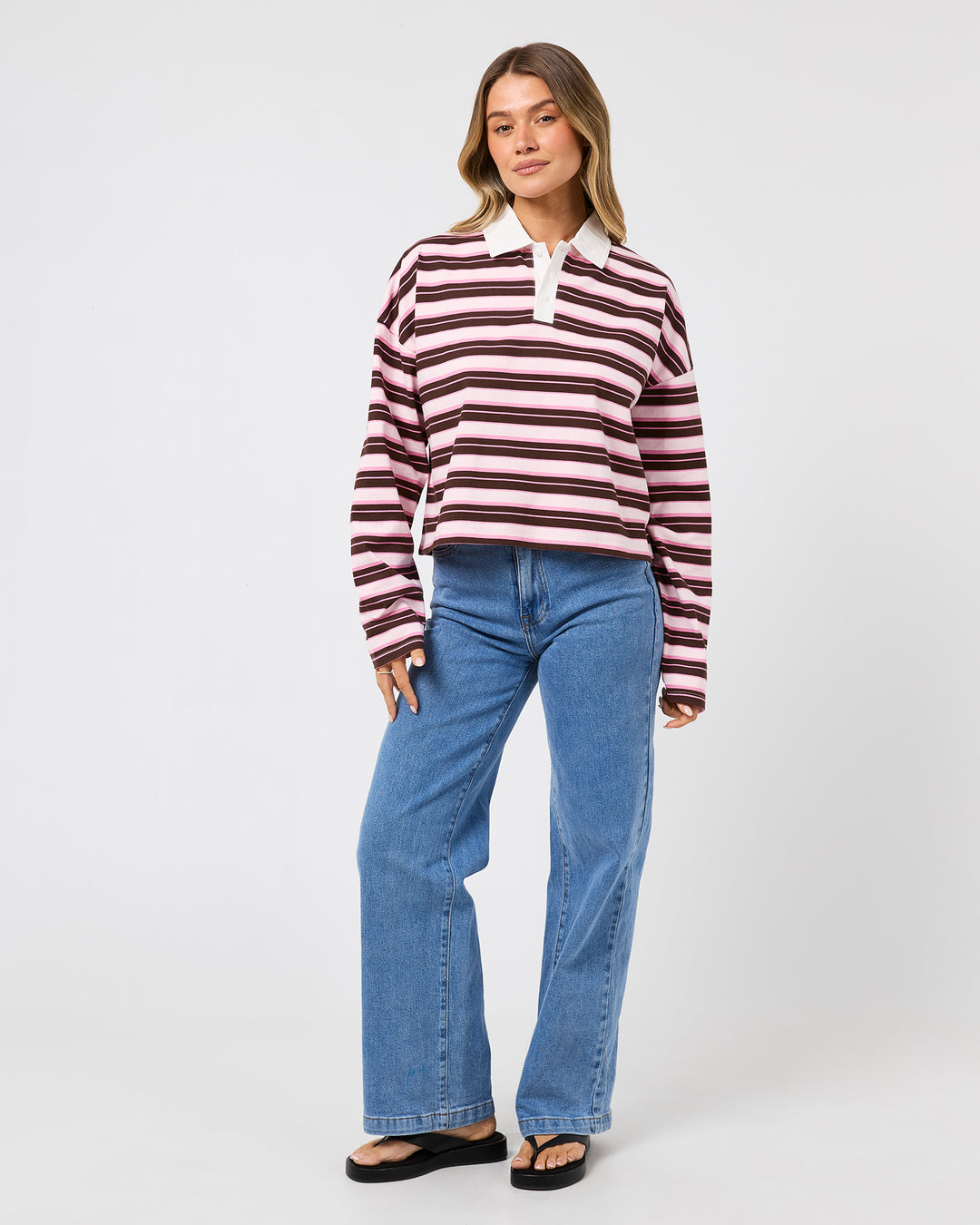 Harri Stripe Long Sleeve Rugby Top Pale Pink