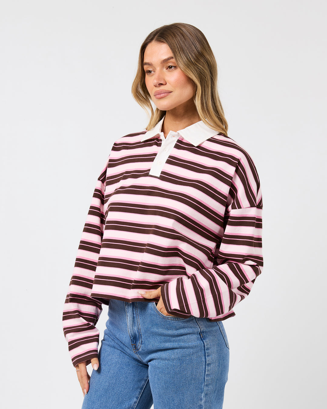Harri Stripe Long Sleeve Rugby Top Pale Pink