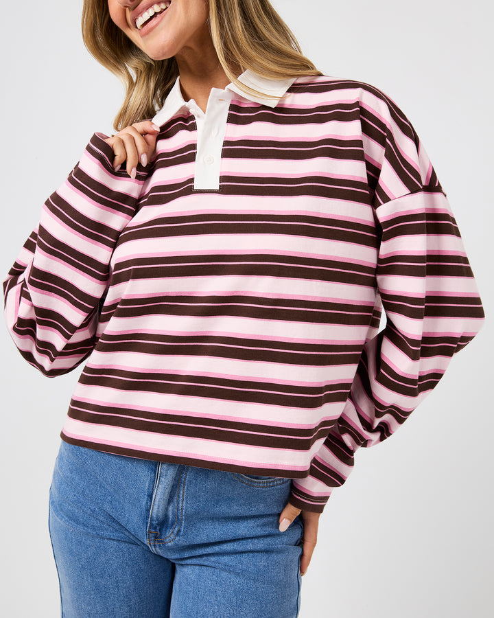 Harri Stripe Long Sleeve Rugby Top Pale Pink