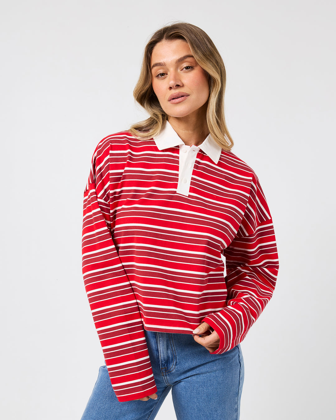 Harri Stripe Long Sleeve Rugby Top Red
