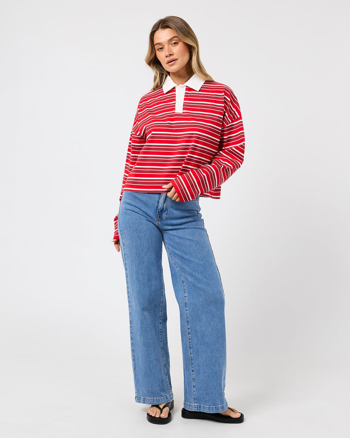 Harri Stripe Long Sleeve Rugby Top Red