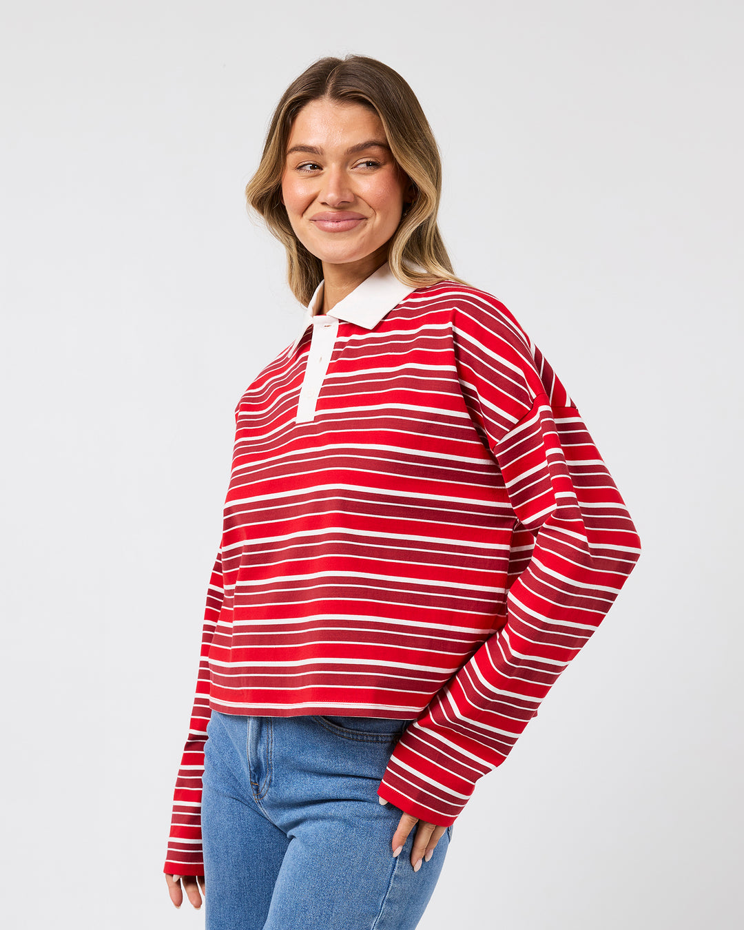 Harri Stripe Long Sleeve Rugby Top Red