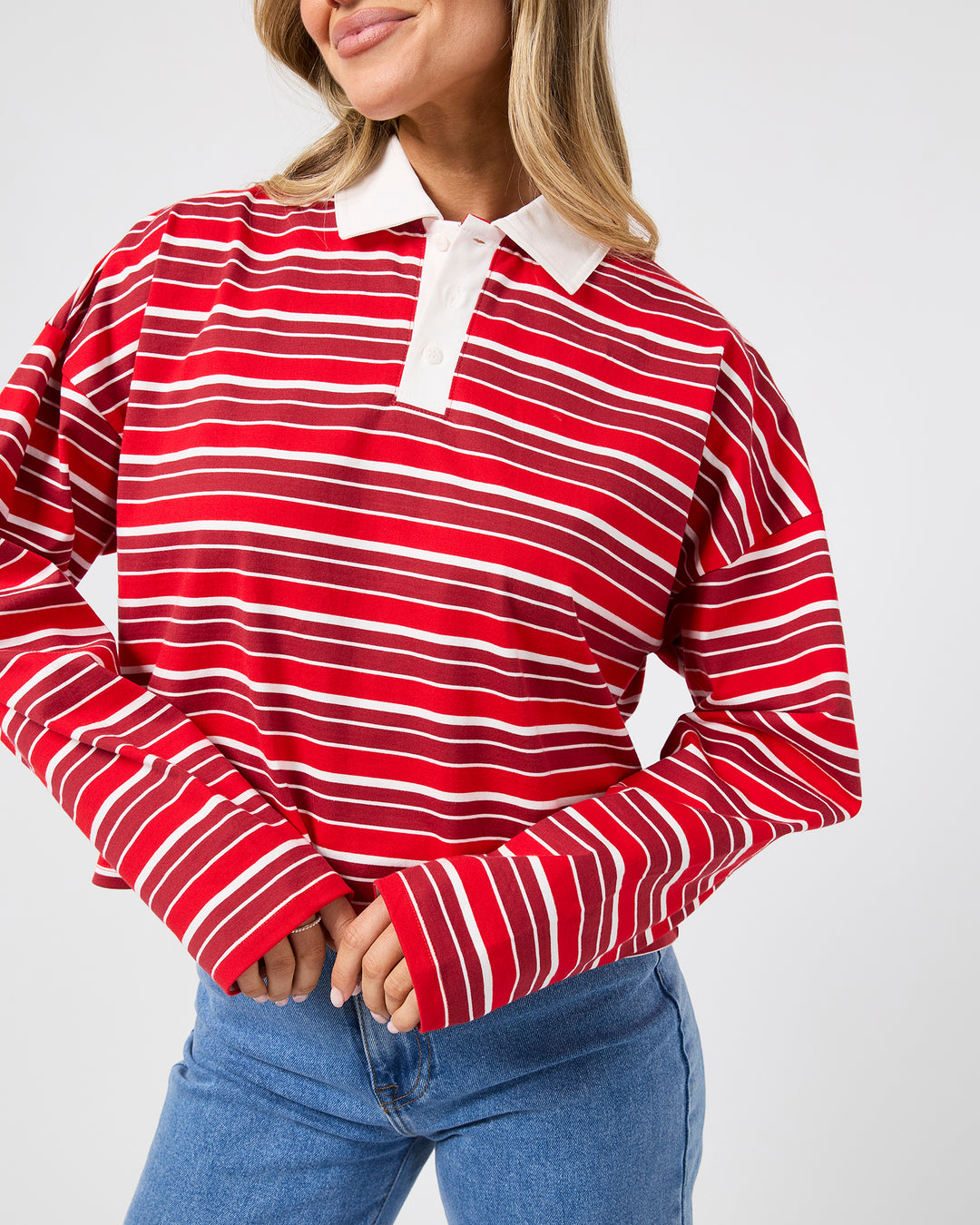 Harri Stripe Long Sleeve Rugby Top Red