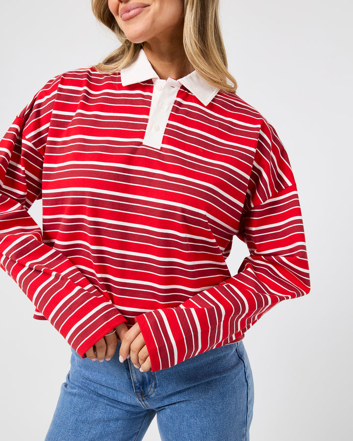 Harri Stripe Long Sleeve Rugby Top Red