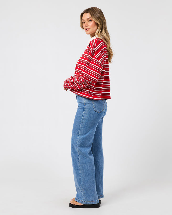 Harri Stripe Long Sleeve Rugby Top Red