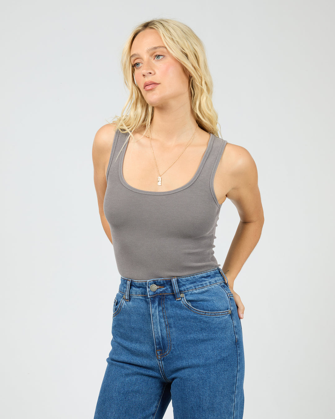 Washed Rib Scoop Neck Tank Charcoal