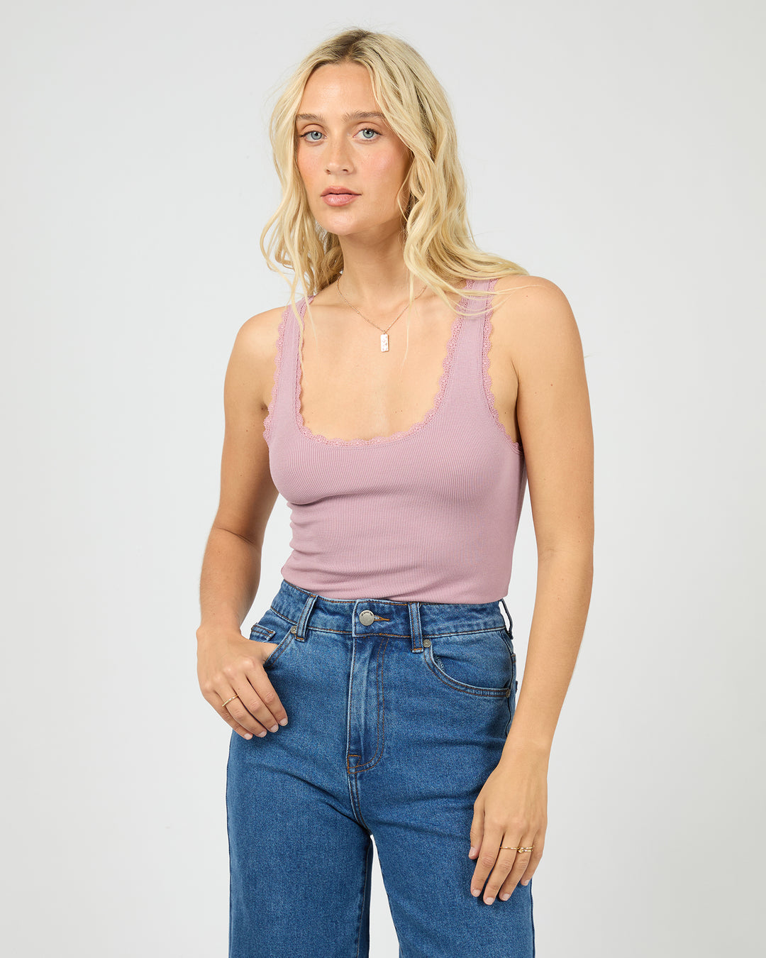 Washed Rib Lace Tank Quartz Pink