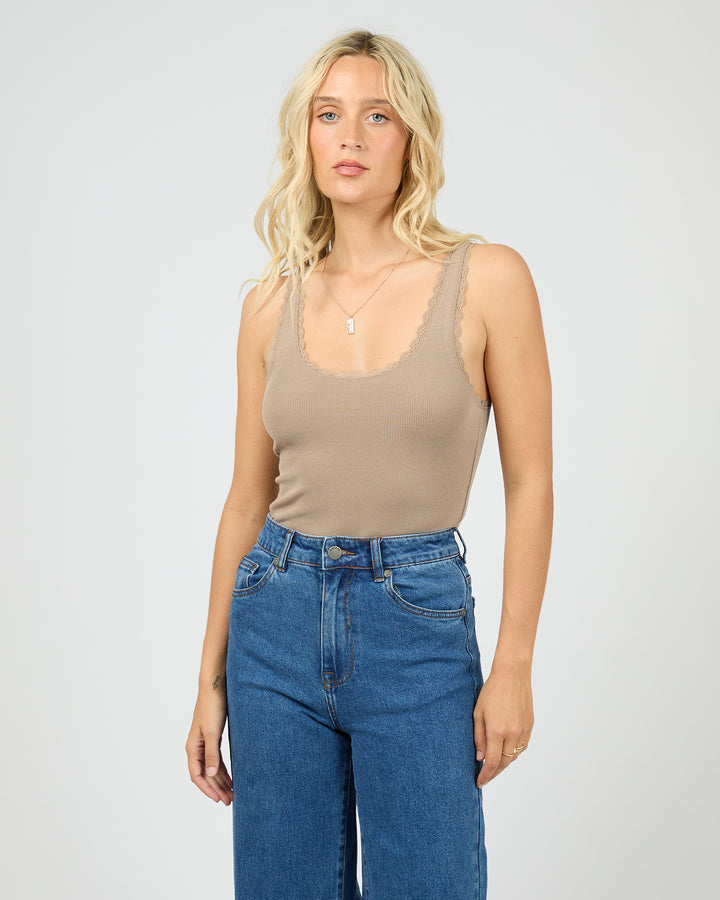 Washed Rib Lace Tank Stone