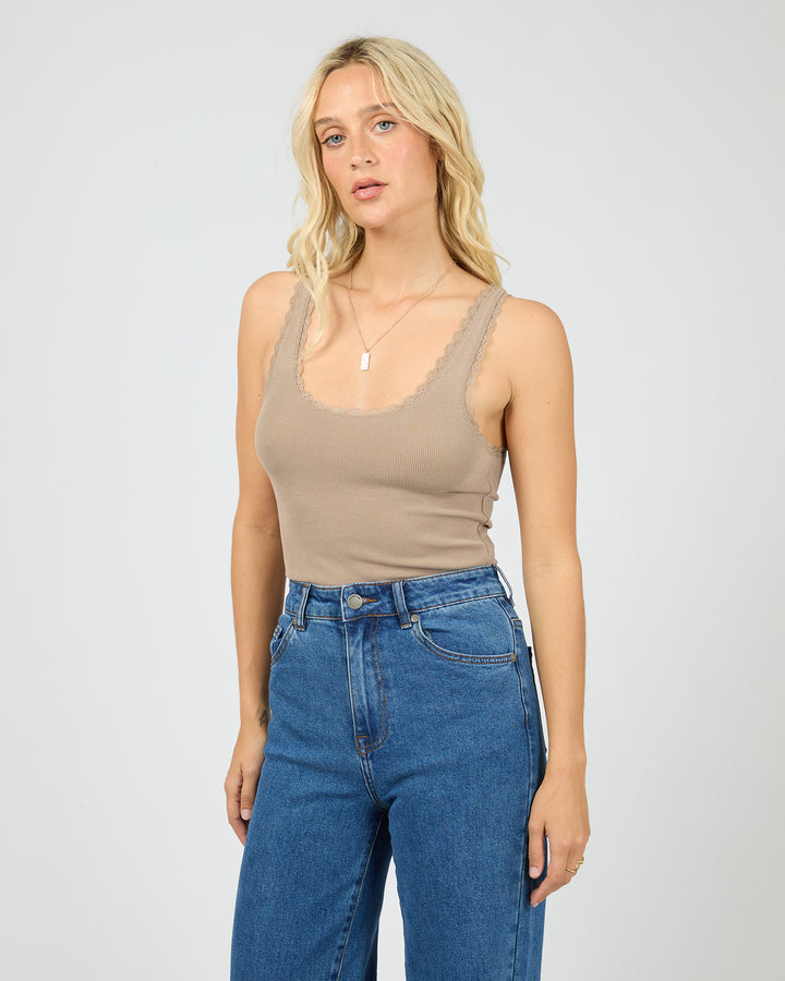 Washed Rib Lace Tank Stone