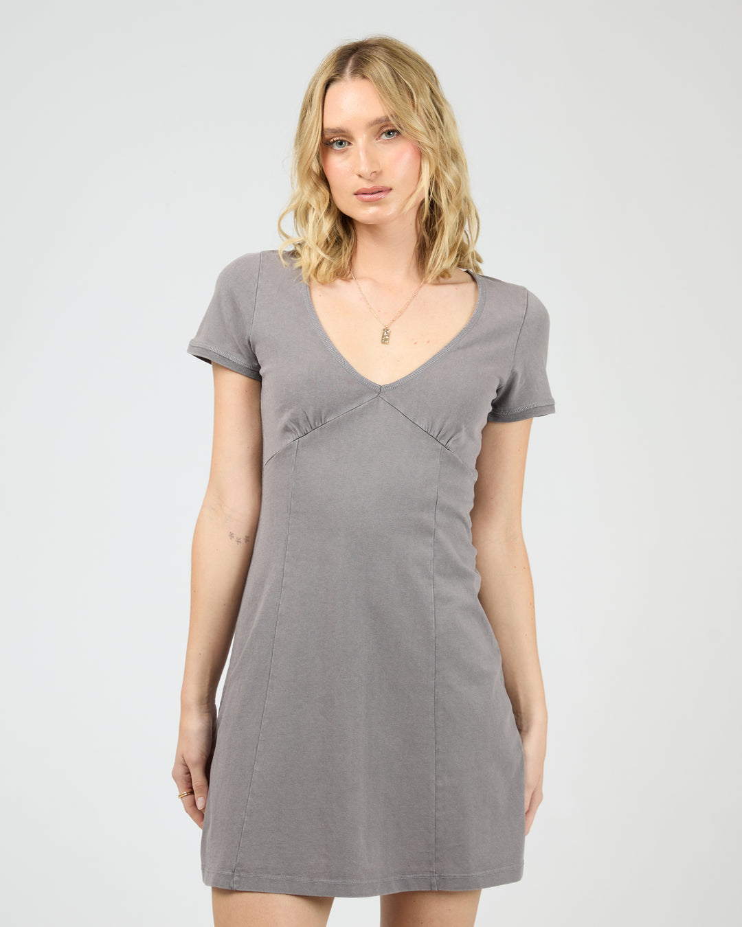 Washed V Neck Mini Dress Charcoal