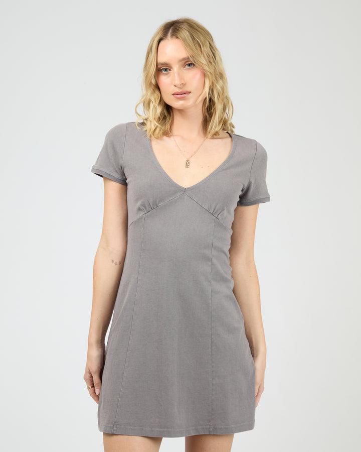 Washed V Neck Mini Dress Charcoal