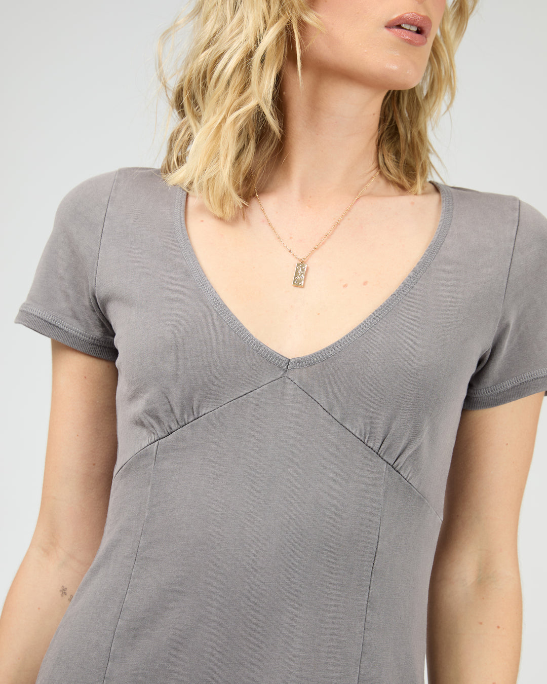 Washed V Neck Mini Dress Charcoal