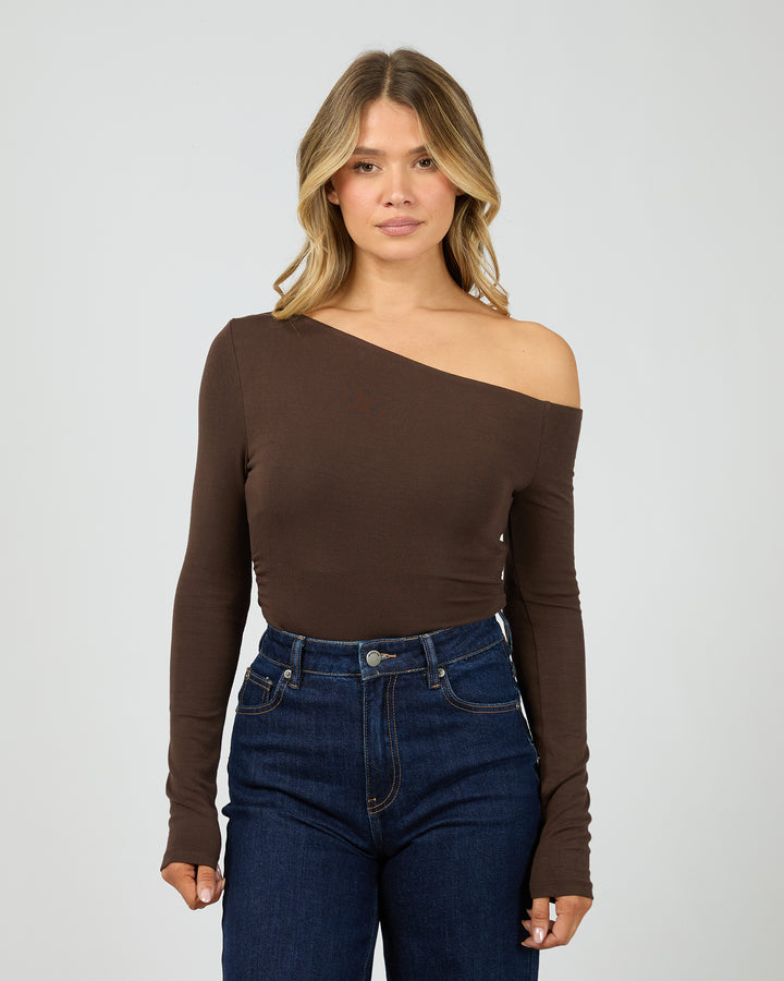 Kylie Off Shoulder Long Sleeve Top Brown