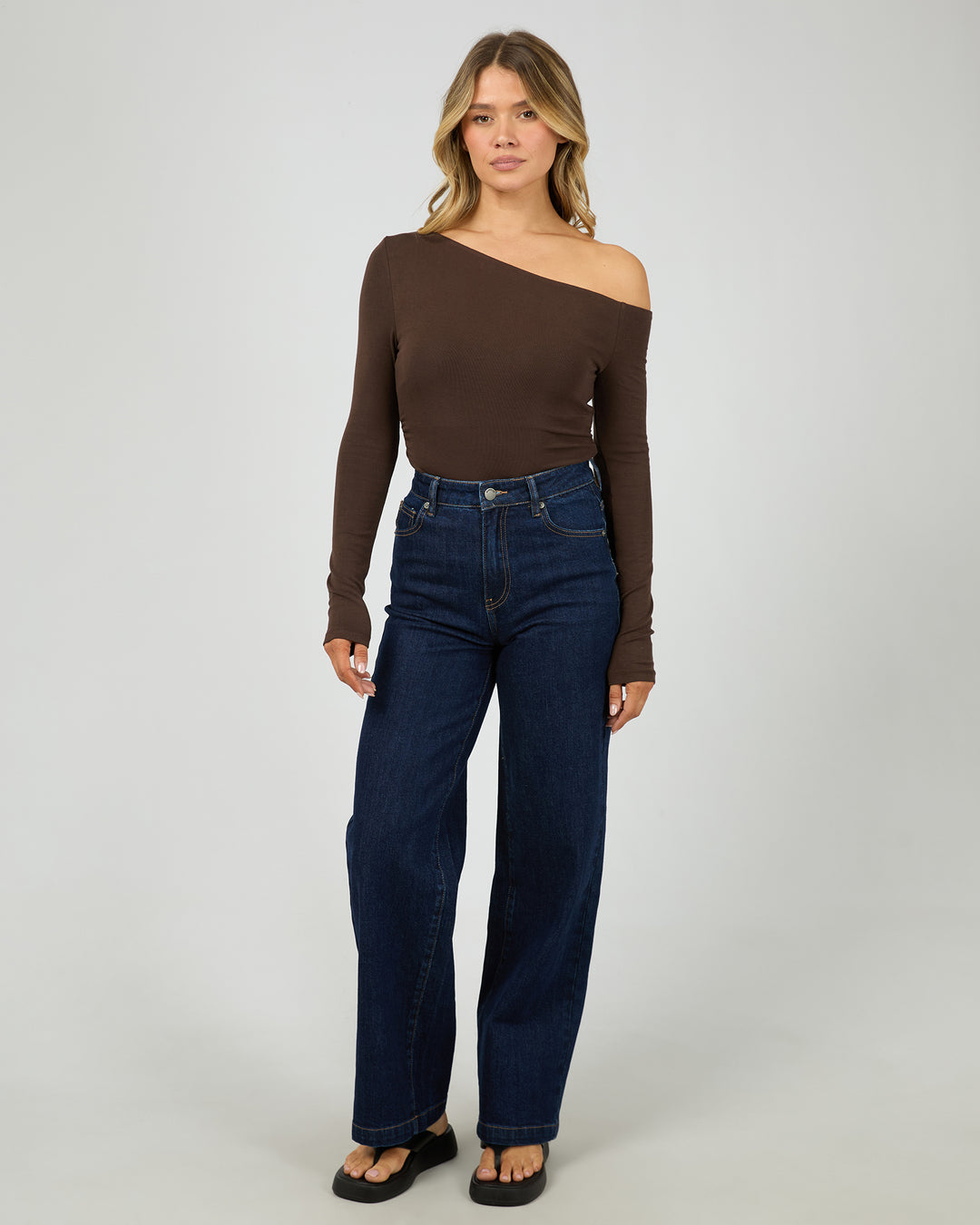 Kylie Off Shoulder Long Sleeve Top Brown