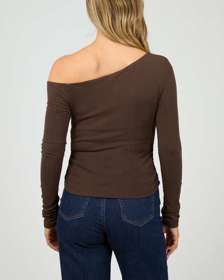 Kylie Off Shoulder Long Sleeve Top Brown