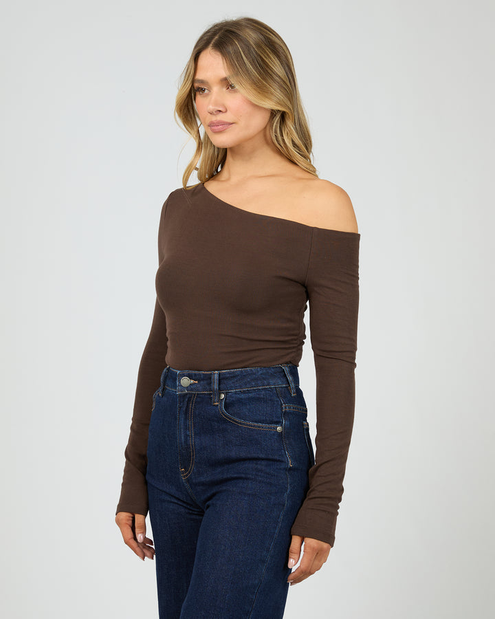 Kylie Off Shoulder Long Sleeve Top Brown