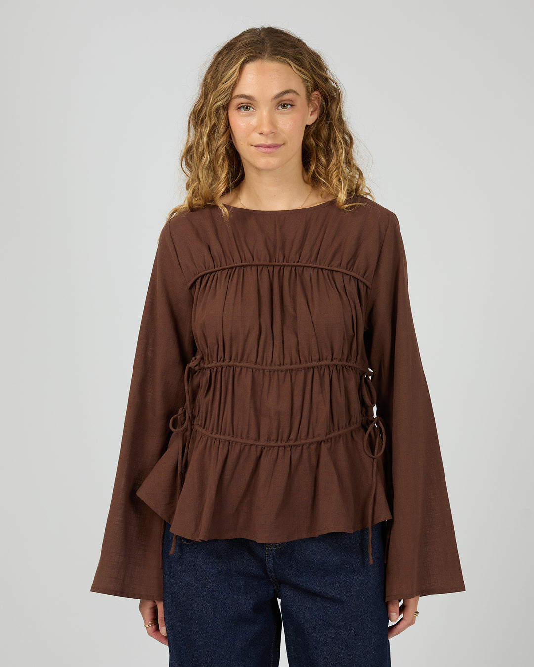 Lou Lou Tie Long Sleeve Top Brown