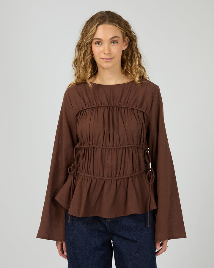 Lou Lou Tie Long Sleeve Top Brown