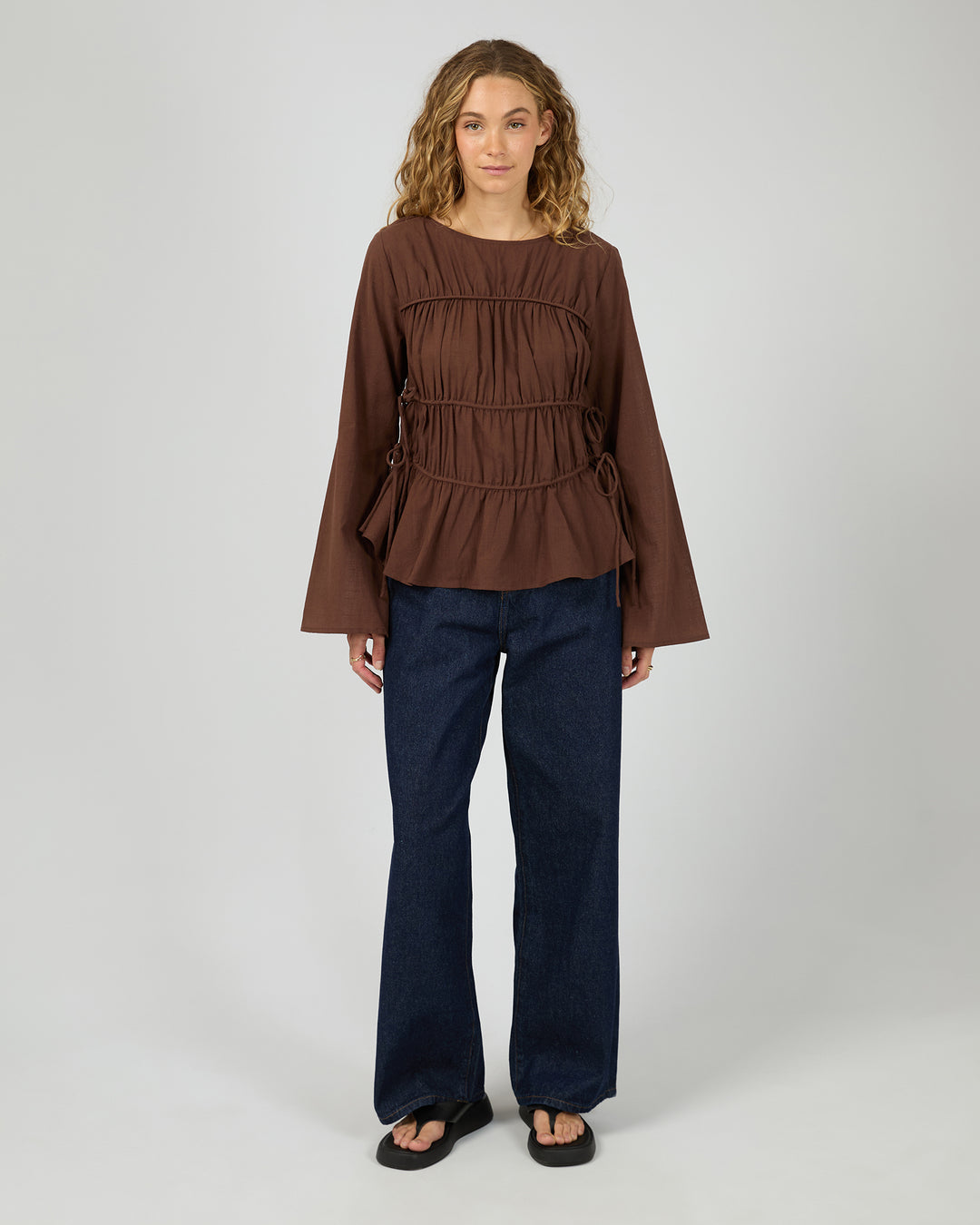 Lou Lou Tie Long Sleeve Top Brown