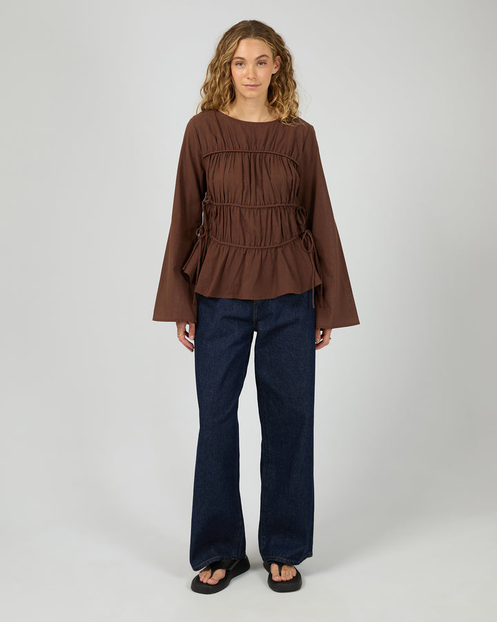 Lou Lou Tie Long Sleeve Top Brown