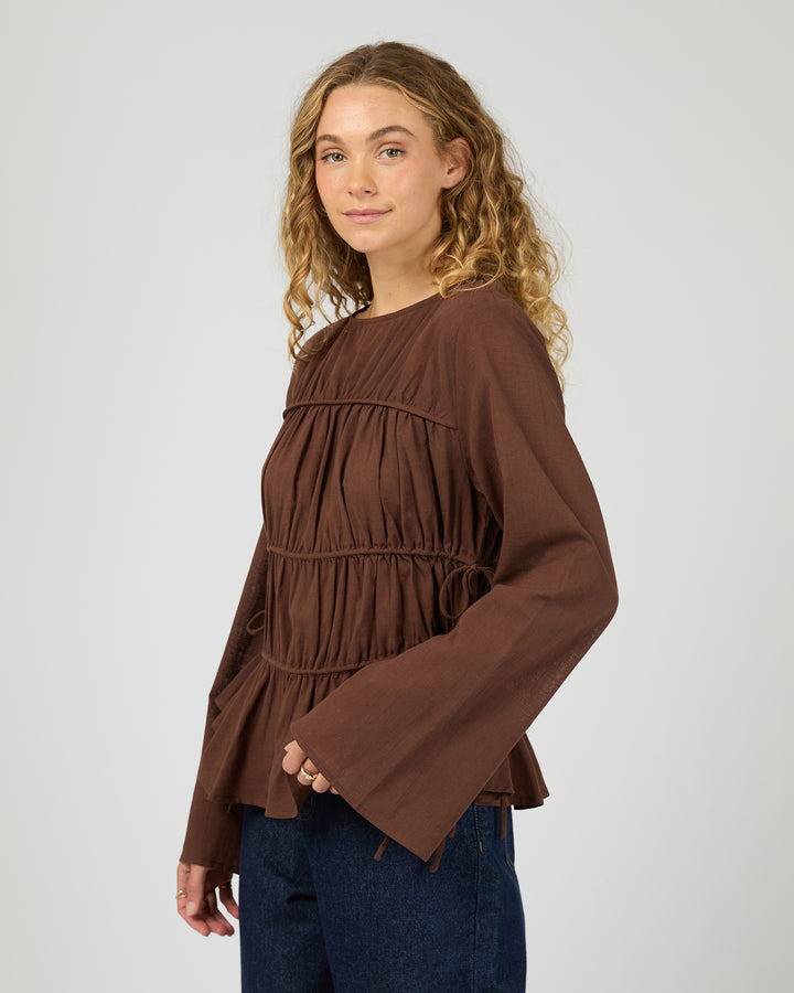 Lou Lou Tie Long Sleeve Top Brown