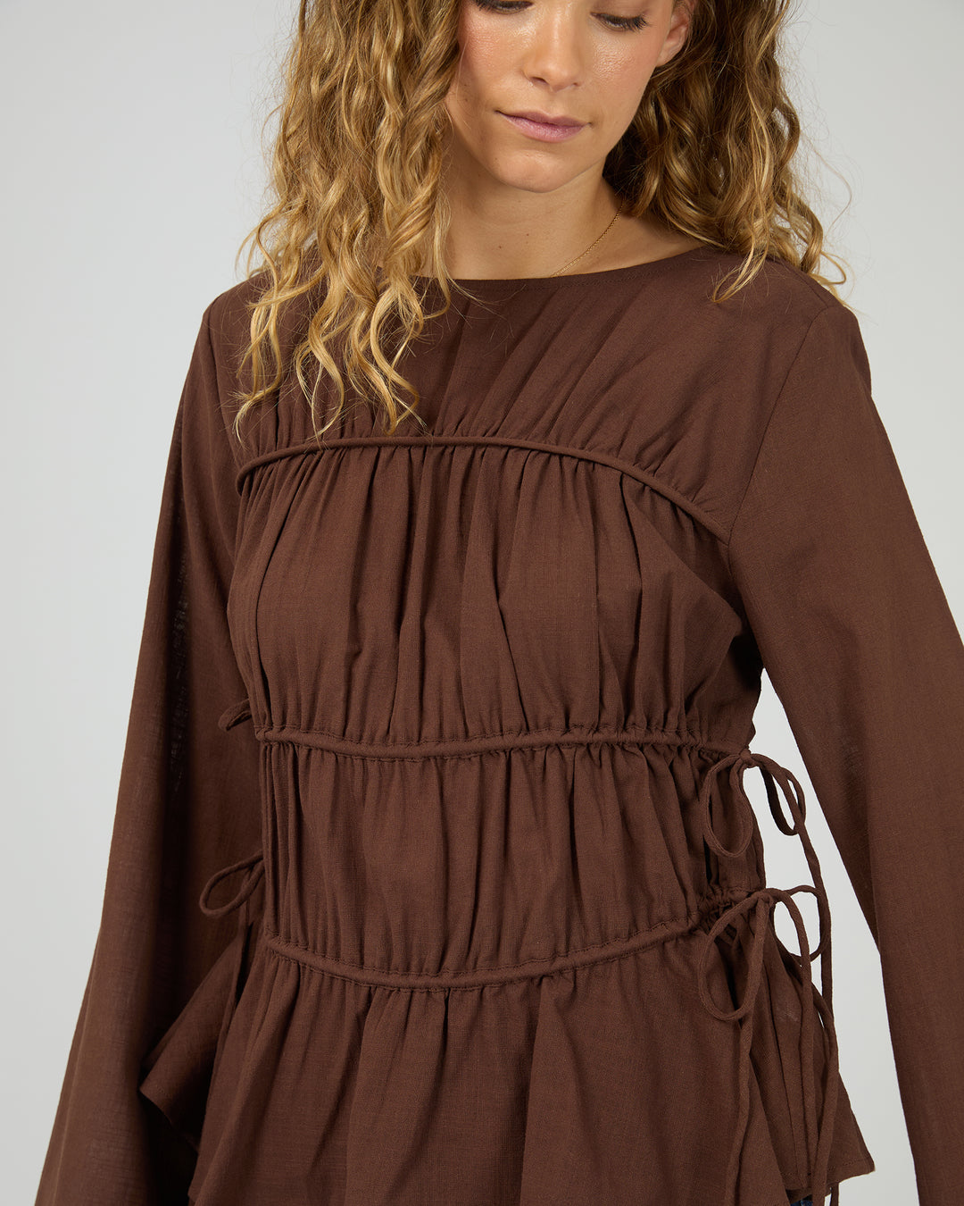 Lou Lou Tie Long Sleeve Top Brown