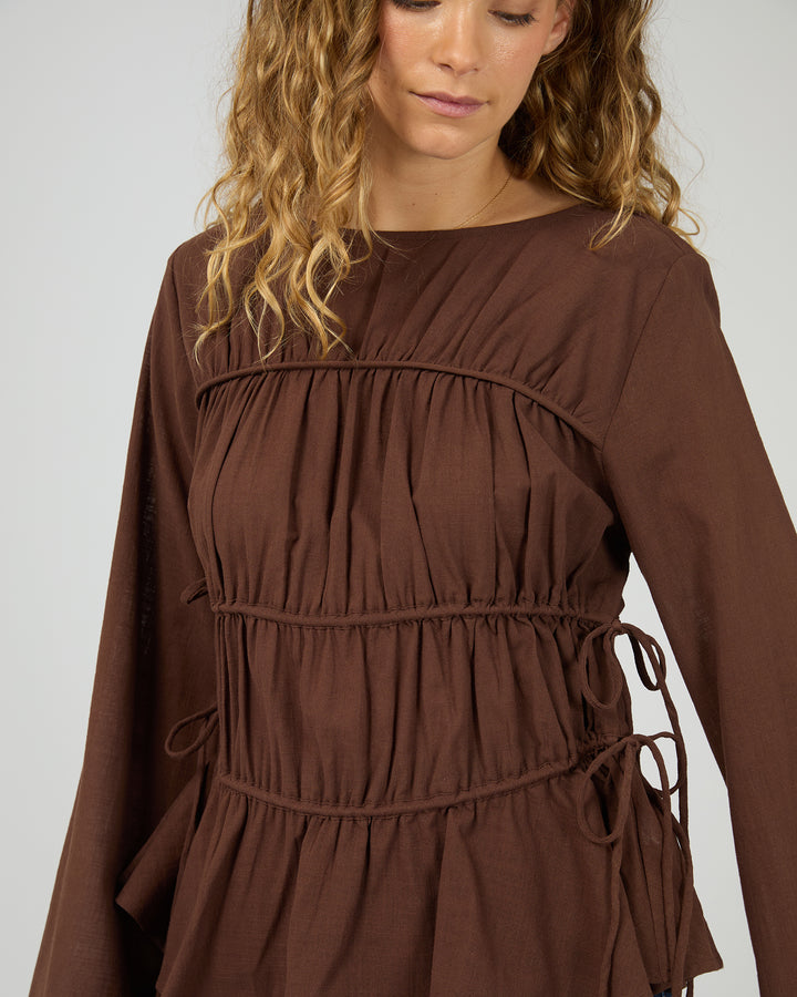 Lou Lou Tie Long Sleeve Top Brown