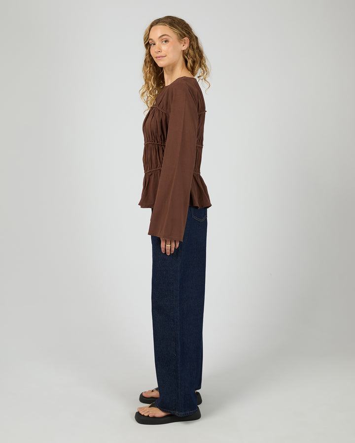 Lou Lou Tie Long Sleeve Top Brown